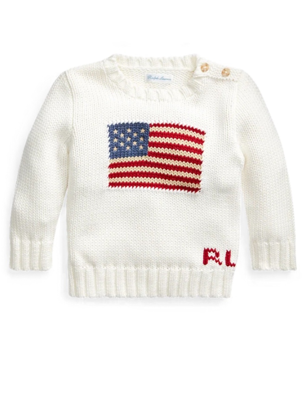 Ralph Lauren Iconic Flag Cotton Sweater | Nevis White 12M Cream American Flag RL